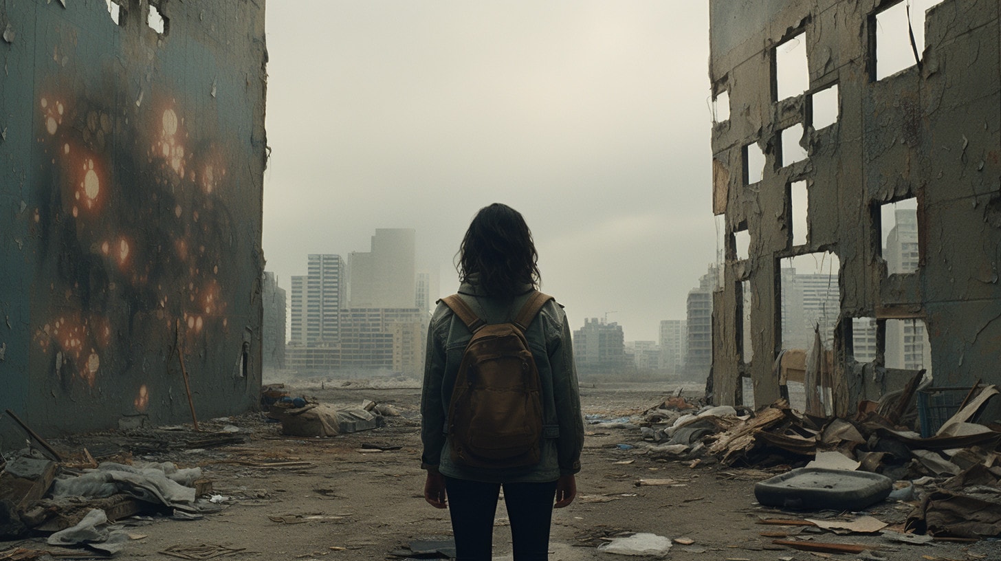 A girl looking out onto a post-apocalyptic city showing the importance ators thinking about the bigger picture