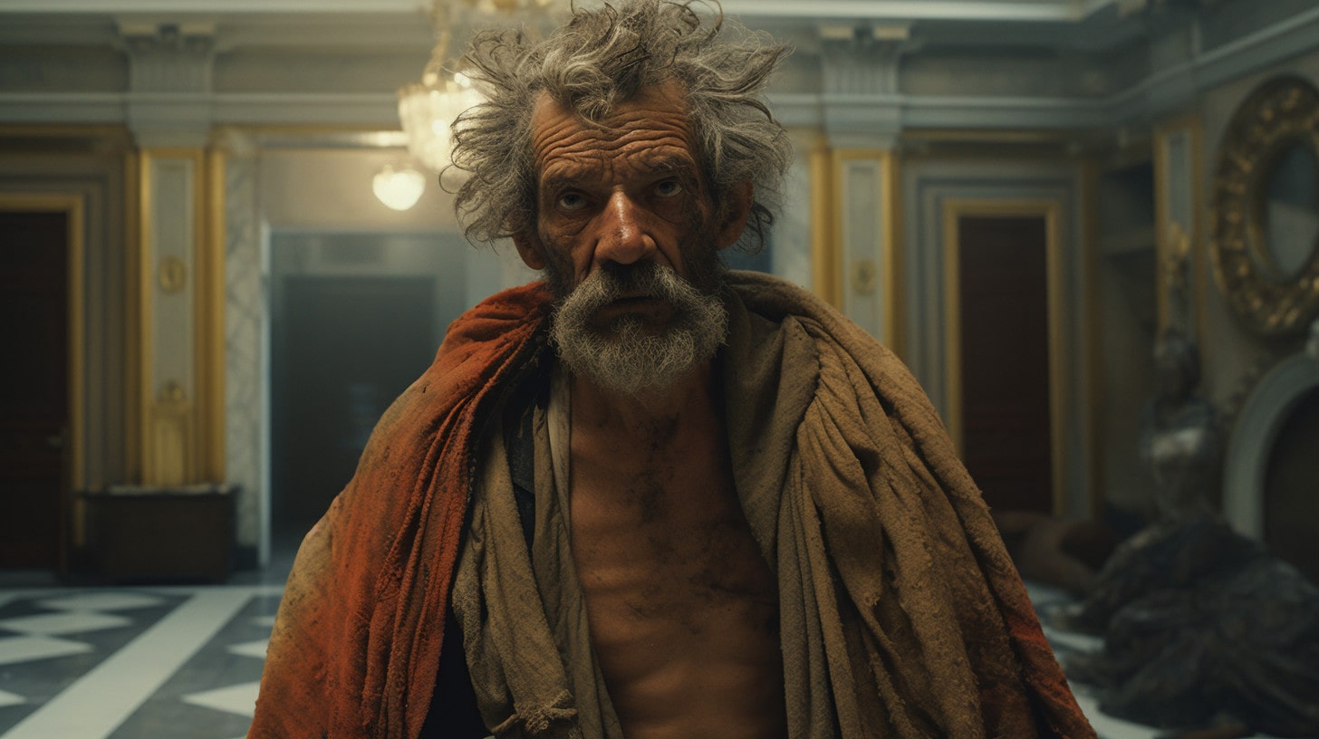 Homeless man in rags walking through a palace that shows the contrast of a character and their location